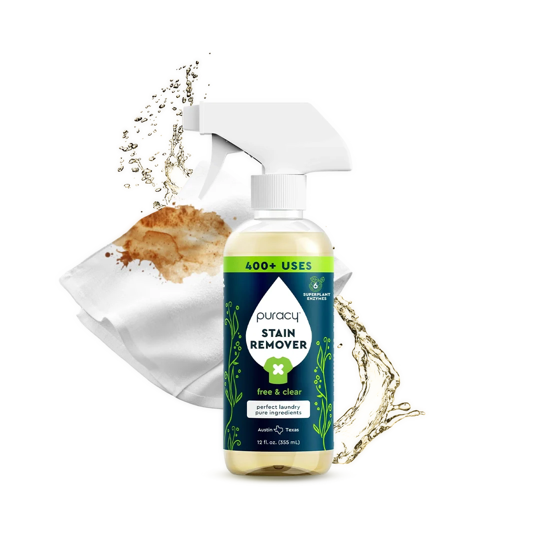 Gel Hand Soap with plant-derived ingredients is placed before a stained white shirt with brown splatter.