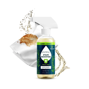 Gel Hand Soap with plant-derived ingredients is placed before a stained white shirt with brown splatter.