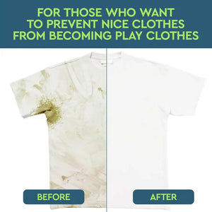 White shirt labeled Before and After using Trial: Laundry Stain Remover on dirty and clean sides.
