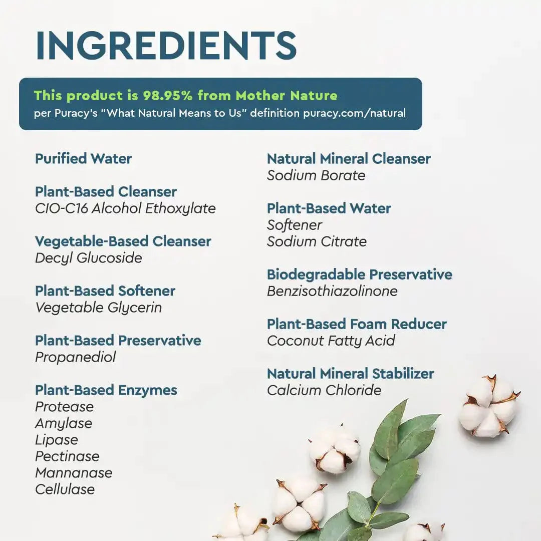 Ingredients list with headings and cotton flowers; featuring Laundry Stain Remover - hypoallergenic cleaner.