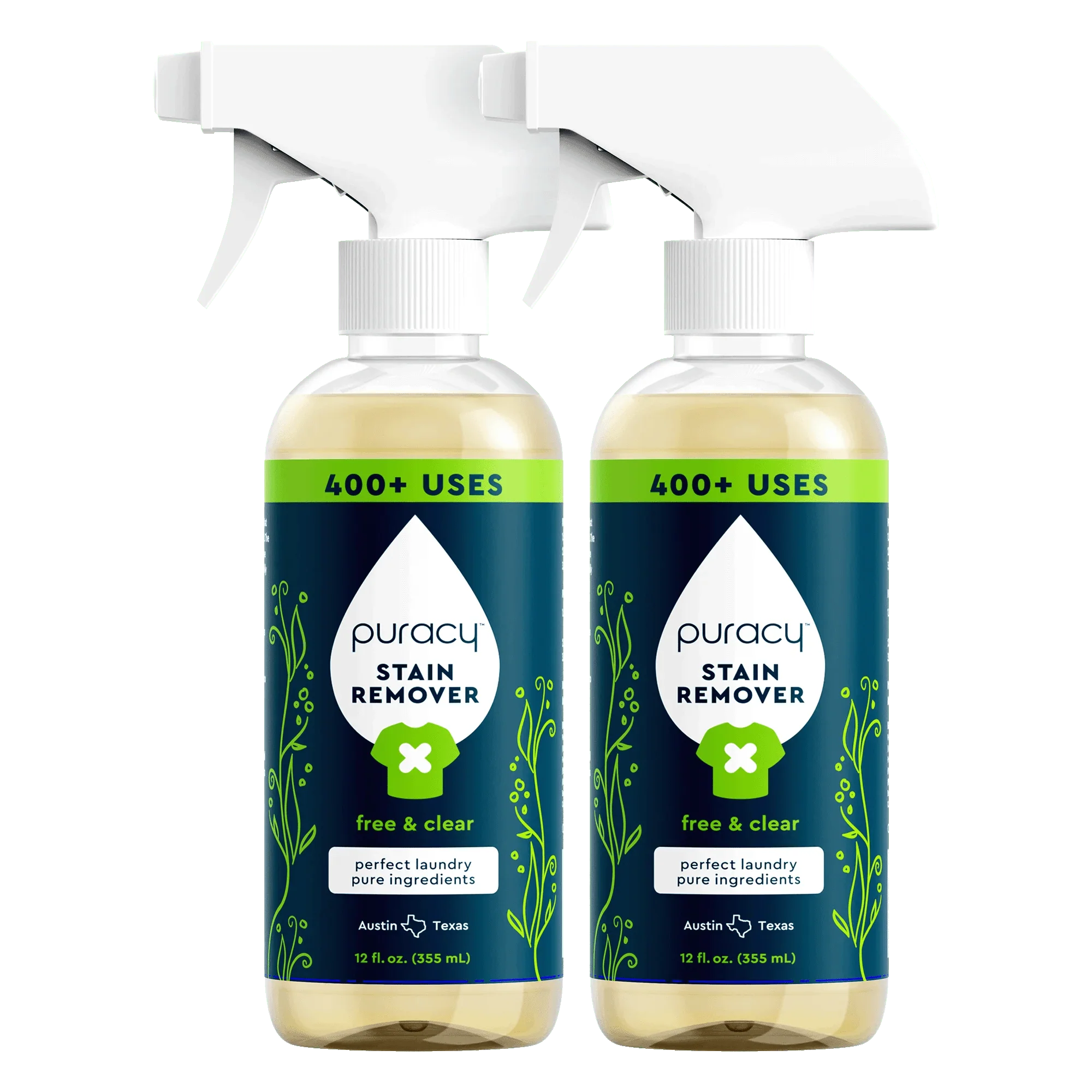 Two bottles of Puracy Plant-based Laundry Stain Remover spray, 400+ uses, for laundry stain removal.