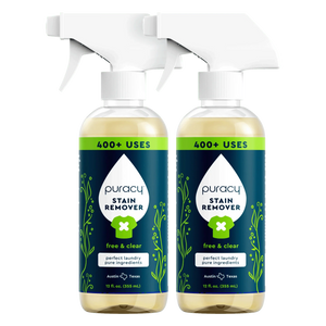 Two bottles of Puracy Plant-based Laundry Stain Remover spray, 400+ uses, for laundry stain removal.