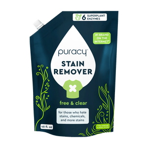 Puracy Laundry Stain Remover pouch: hypoallergenic with green design and superplant enzymes.