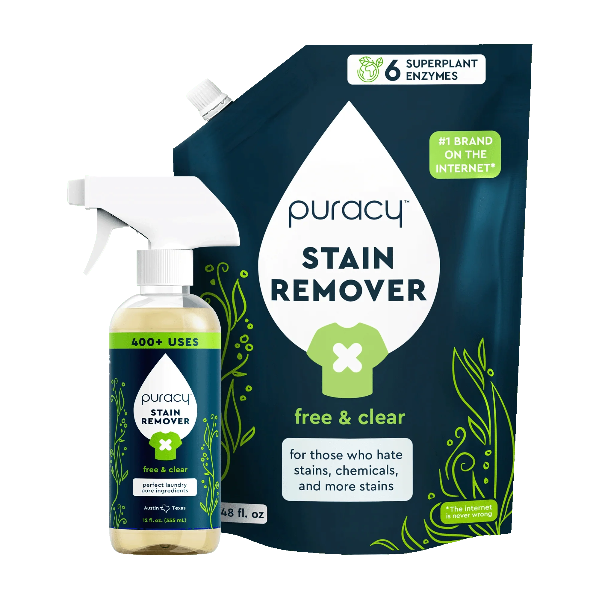 Puracy Laundry Stain Remover bottle and refill pouch with green plant design on dark background.