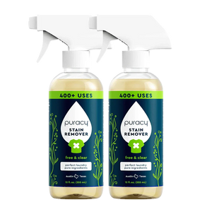 Two bottles of Free & Clear Laundry Stain Remover with white nozzles by Puracy.
